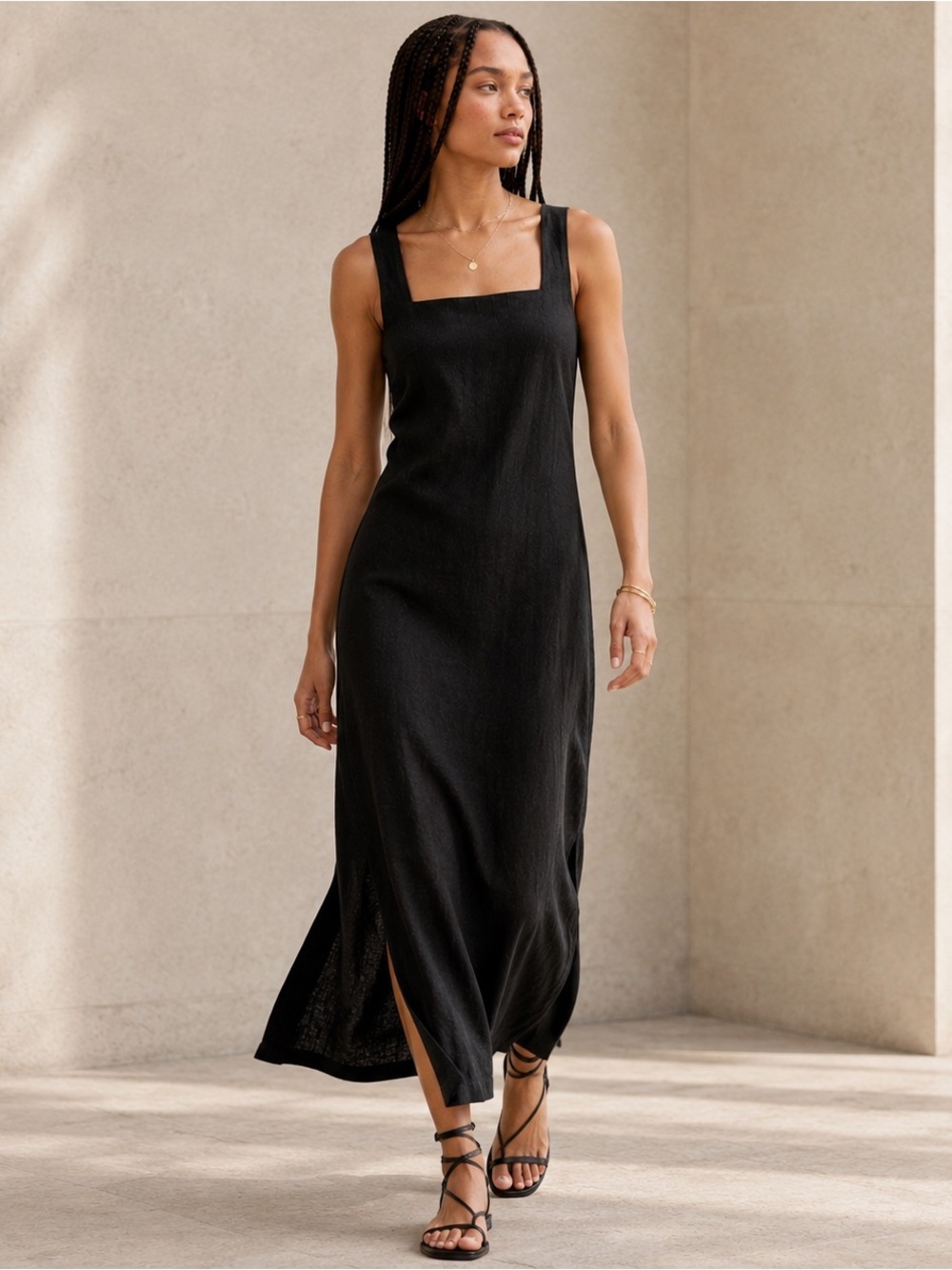 Abercrombie Linen Blend Shift Maxi Dress Black Square Neck Medium - Picture 2 of 5